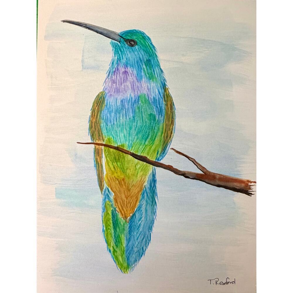 Hand painted watercolor original painting hummingbird perched on tree